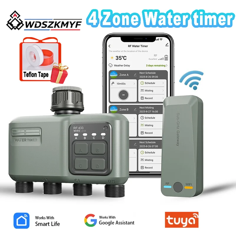 Smart Garden Devices - 植物自動給水システム WiFiスマートタイマー RF433 4口自動灌漑装置 防水ガーデン散水コントローラー