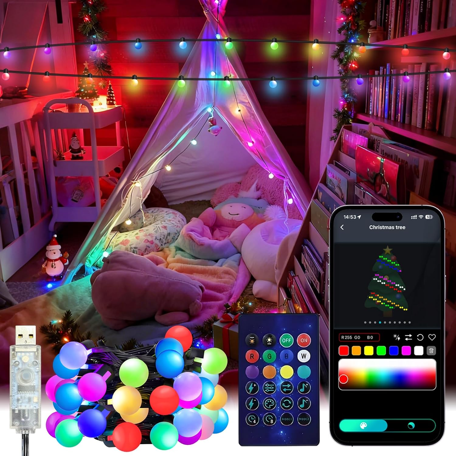Smart Garden Led Lights - スマートグローブストリングライト 5/10M RGB カラーチェンジLEDストリングフェアリーライト アプリ＆リモコン付き ガーデンパーティー